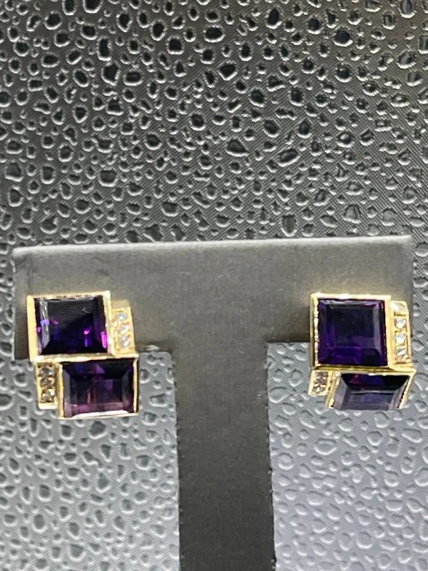 Classic Gold Stud Earrings-Ladies 14 Karat Solid Yellow Gold Amethyst and Diamond Earrings