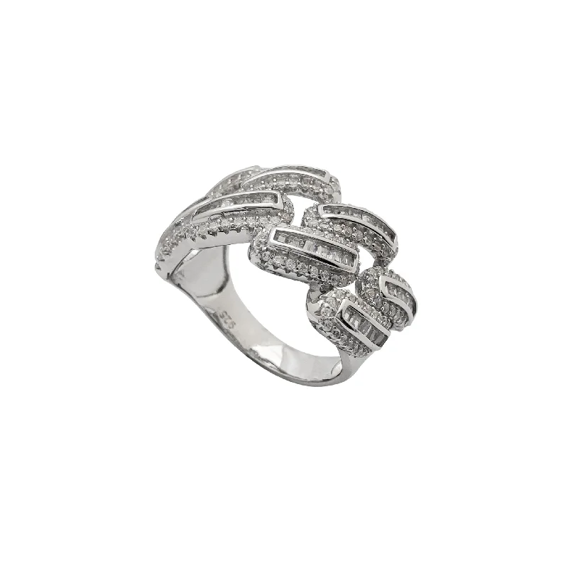 Fashionable Chunky Ring with Gemstone-Zirconia Baguette & Round Cuban Ring (Silver)