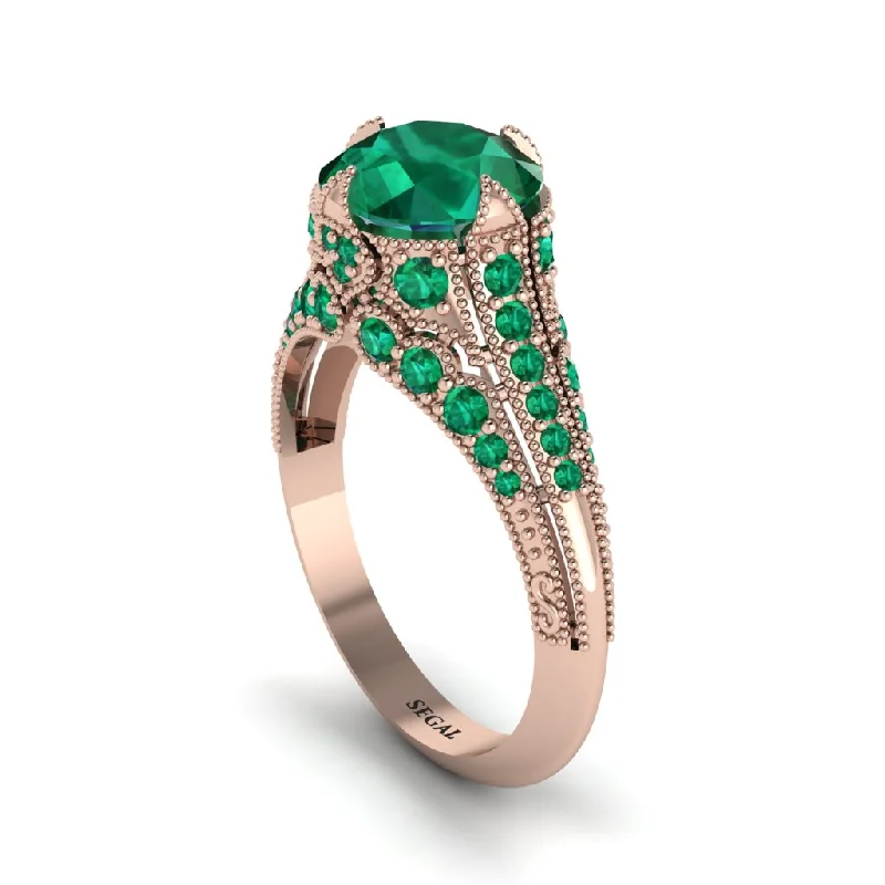 Trendy Wedding Ring with Hammered Finish-Emerald Vintage Crown Engagement Ring - Talia No. 20