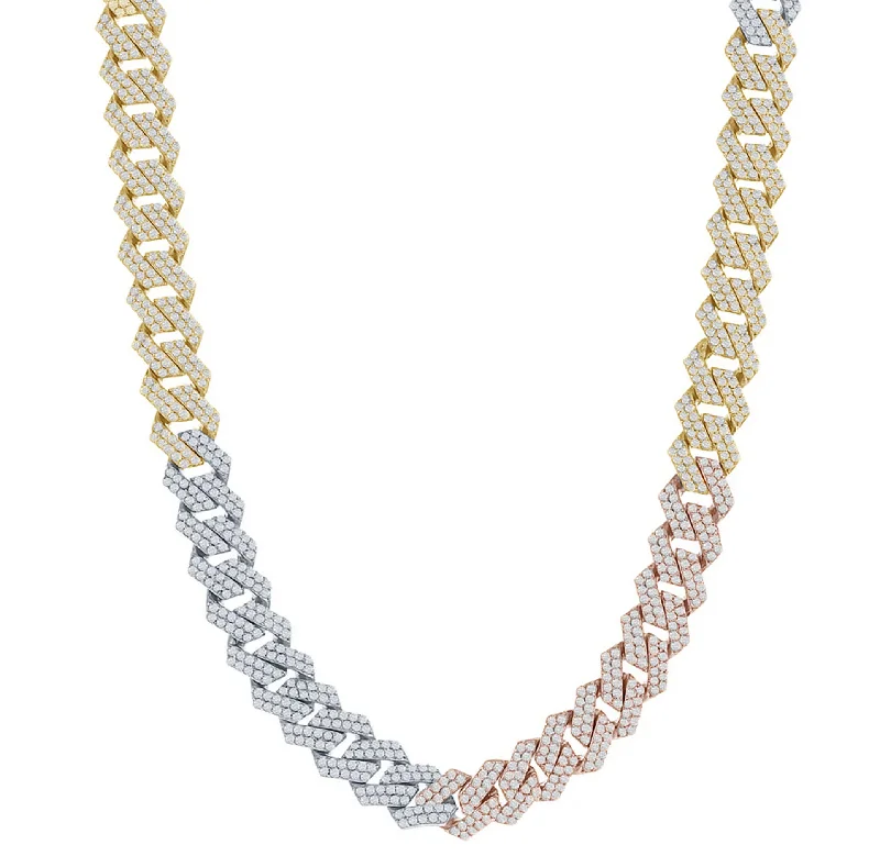 Classic Gold Necklace for Formal Wear-Tricolor Iced-Out Monaco Edge Chain (Silver)