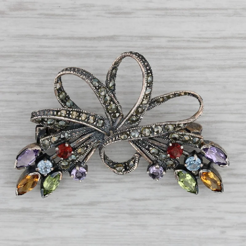 Brooch For Seasonal Outfits-Vintage 1.92ctw Gemstone Bow Brooch Sterling Silver Amethyst Citrine Peridot Pin