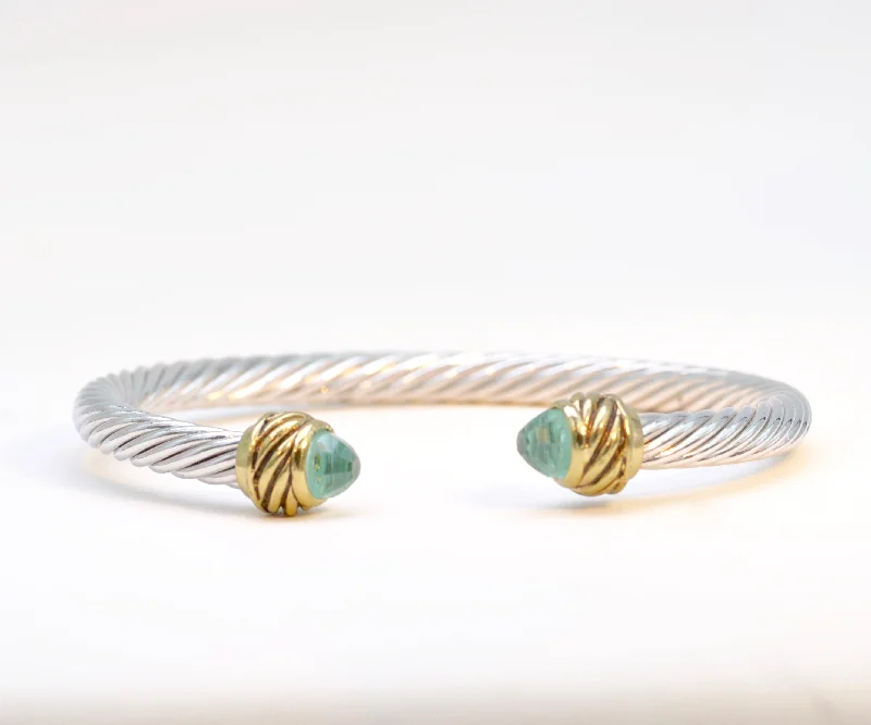 Personalized Gold Bangles for Couples with Initials-Bangle with Faceted Light Blue Stone