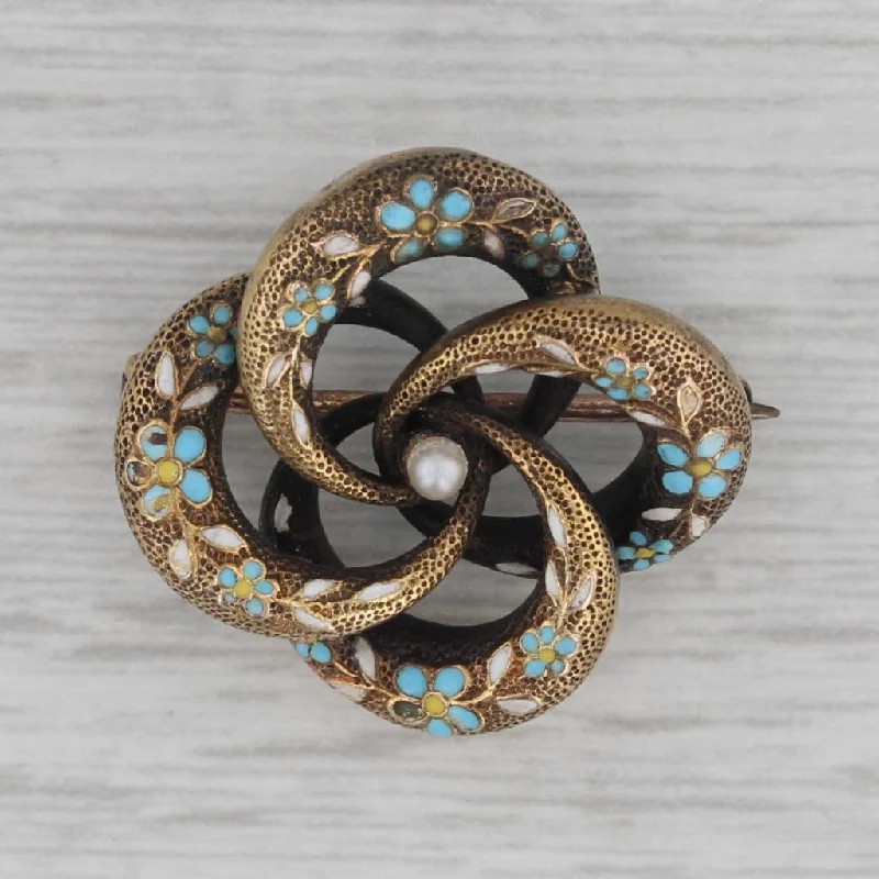 Brooch For Casual Jackets-Vintage Flower Knot Brooch 14k Gold Enamel Seed Pearl Pin