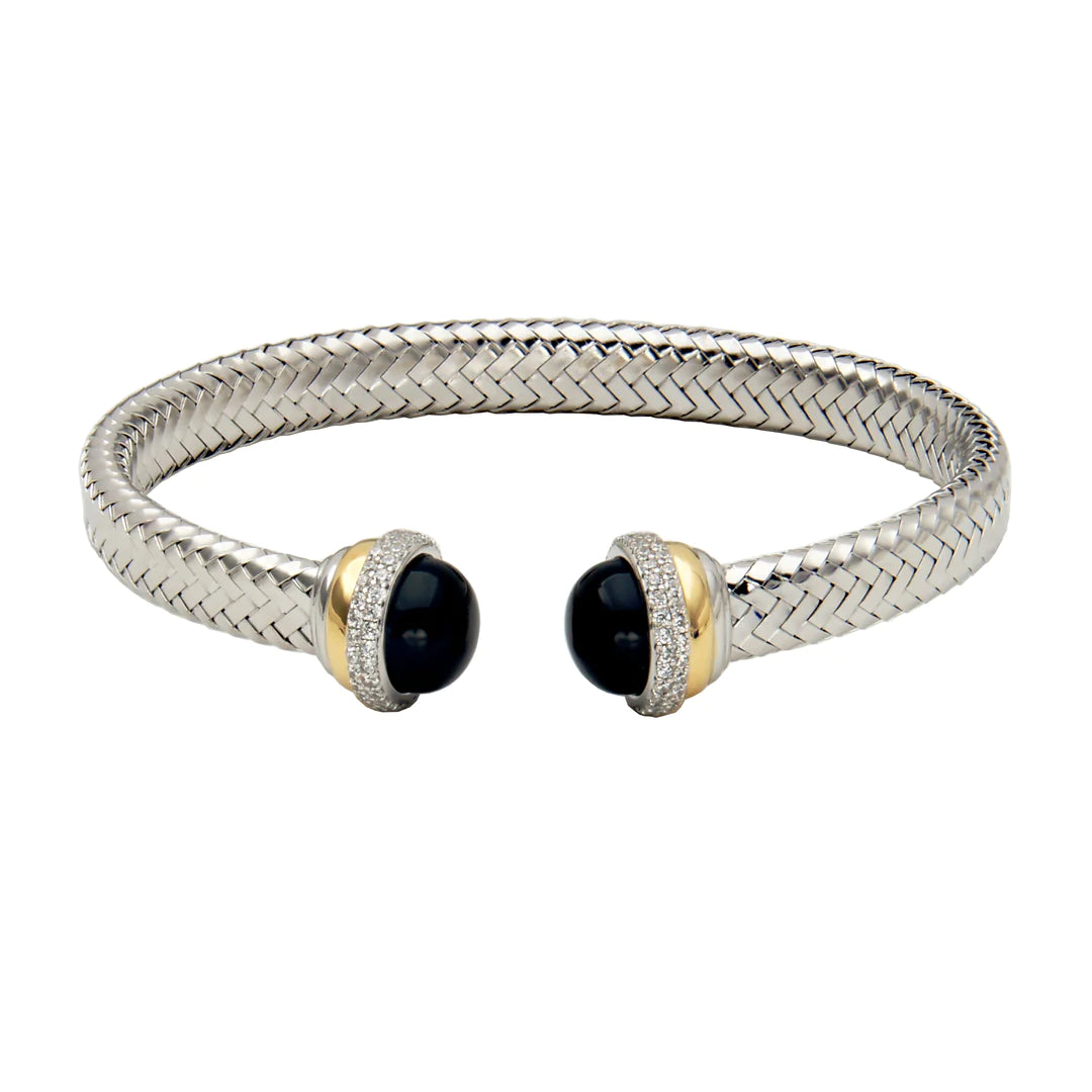 Customizable Gold Bracelet for Special Occasions-Sterling Silver Black Agate and CZ Cuff Bracelet