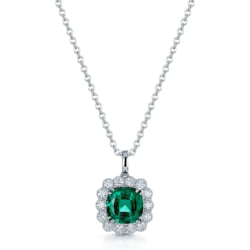 Luxury Necklace with Aquamarine Stone-18ct White Gold Cushion Shape Emerald & Diamond Cluster Pendant