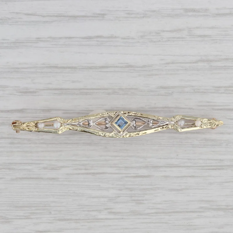 Sparkly Rhinestone Brooch-Seed Pearl Lab Created Blue Sapphire Ornate Bar Pin 14k Gold Brooch