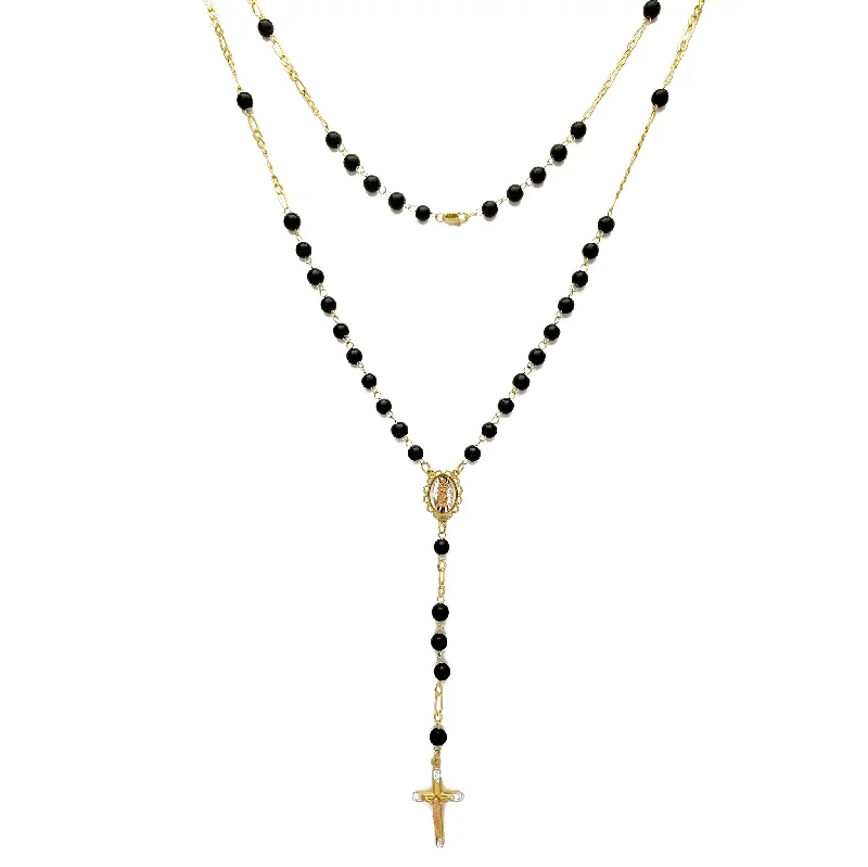 Custom Pendant Necklace with Engraved Message-[Round] Onyx Rosary Necklace (14K)