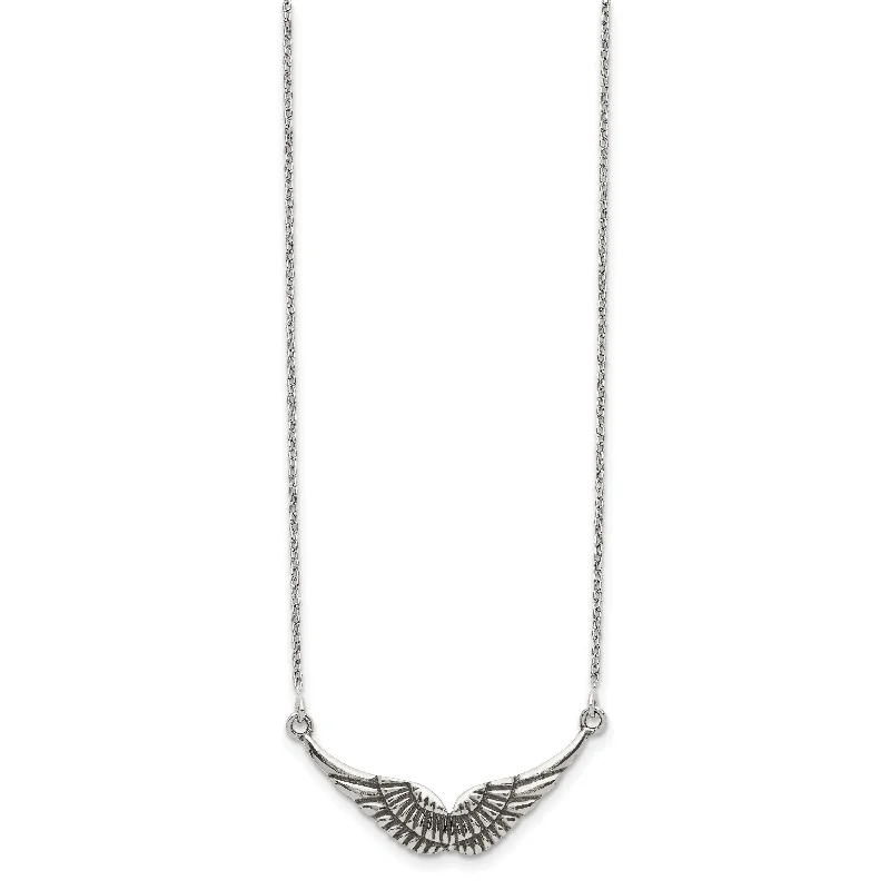 Elegant Crystal Necklace with Large Pendants-Antiqued Wings Necklace (Silver)