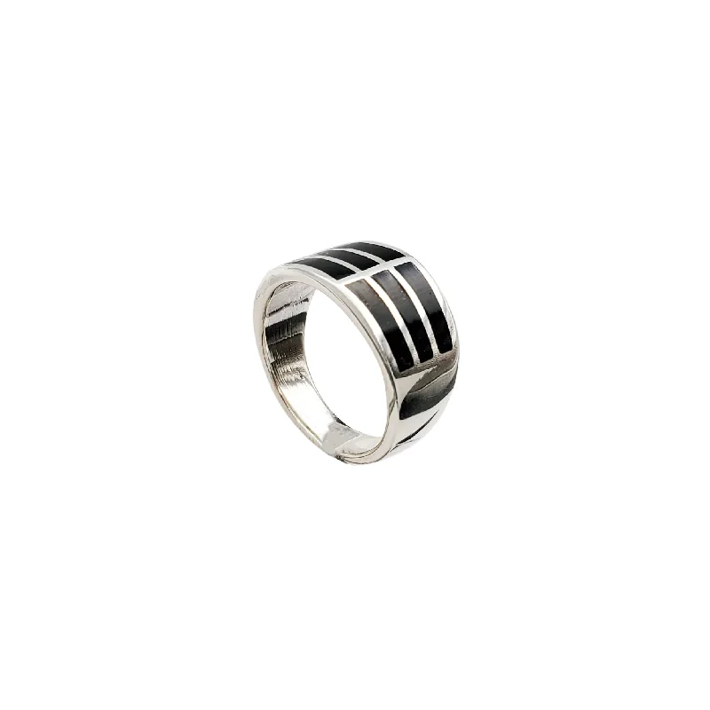 Simple Band Ring with Birthstone for Special Gifts-Black Lines Ring (Silver)