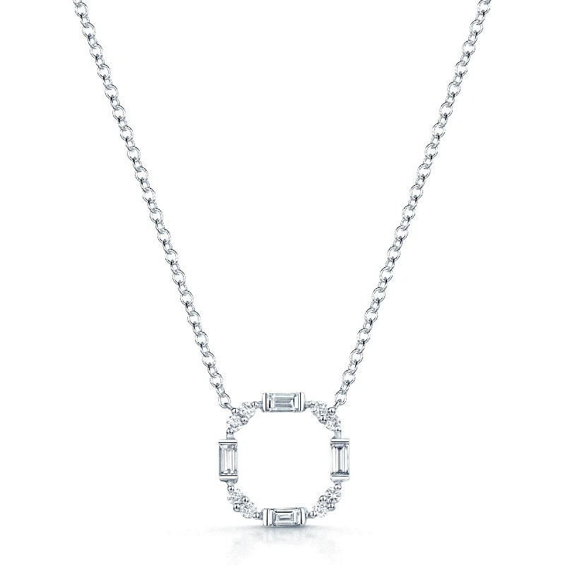 Boho Style Necklace with Feathers-18ct White Gold Round Brilliant And Baguette Cut Diamond Deco Open Circle Pendant