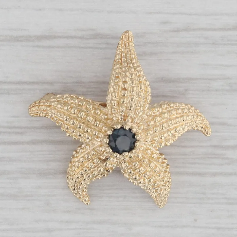 Silver Brooch For Coats-0.20ct Blue Sapphire Starfish Pendant Brooch 14k Yellow Gold Pin