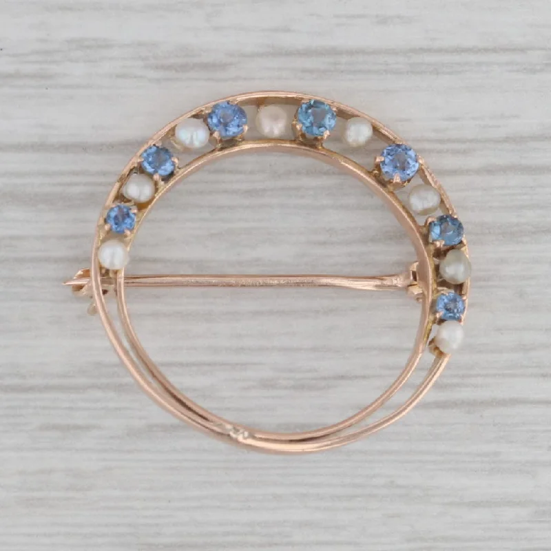 Gold Plated Vintage Brooch-Vintage 0.36ctw Sapphire Pearl Crescent Moon Brooch 10K Yellow Gold Pin