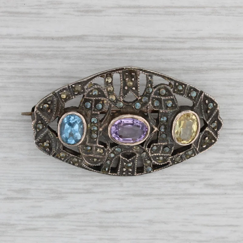 Elegant Gemstone Brooch Pin-Amethyst Lab Created Spinel Sapphire Brooch Sterling Silver Statement Pin