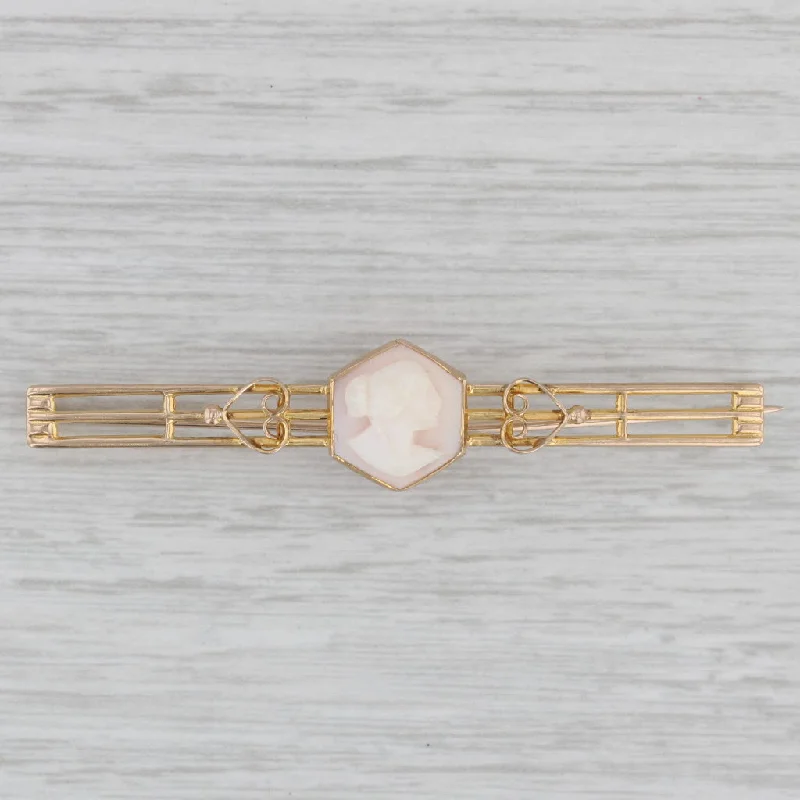 Custom Brooch For Special Occasions-Vintage Carved Shell Cameo Bar Brooch 10k Yellow Gold Pin