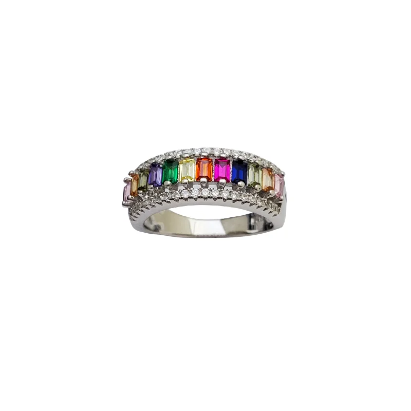 Vintage Sapphire Wedding Ring for Special Occasions-Zirconia Multicolor Baguette Channel Setting Ring (Silver)