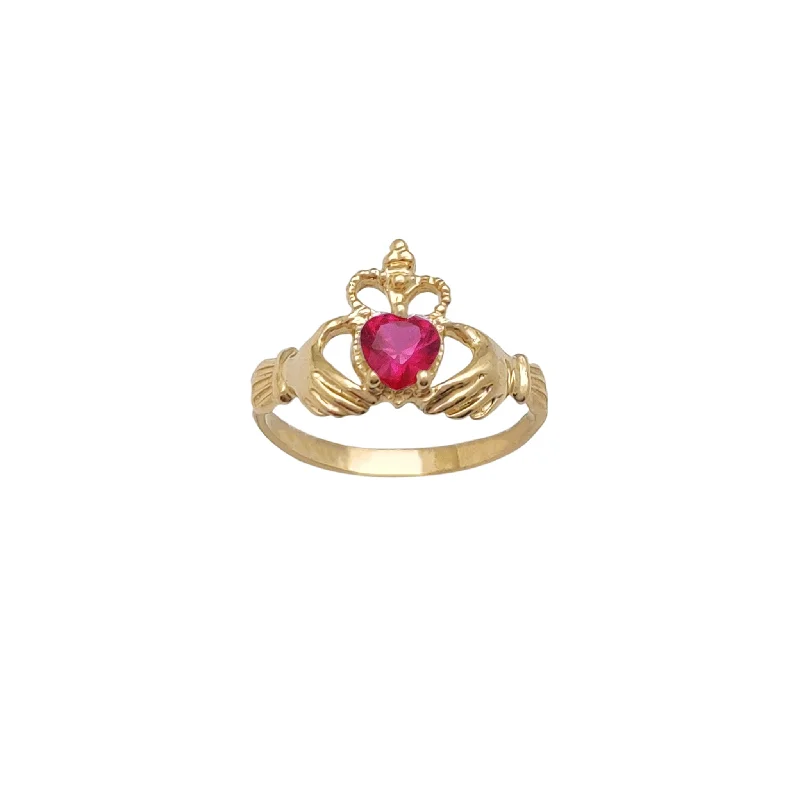 Classic Men’s Ring with Birthstone and Engraving-Milgrain Crown Red Stone Claddagh Ring (14K)