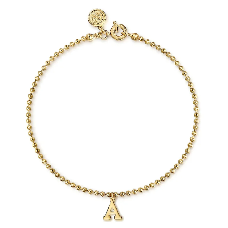 Elegant Rose Gold Bracelet with Heart Pendants-7" Initial "A" Beaded Chain Bracelet in Yellow Gold by Gabriel & Co.