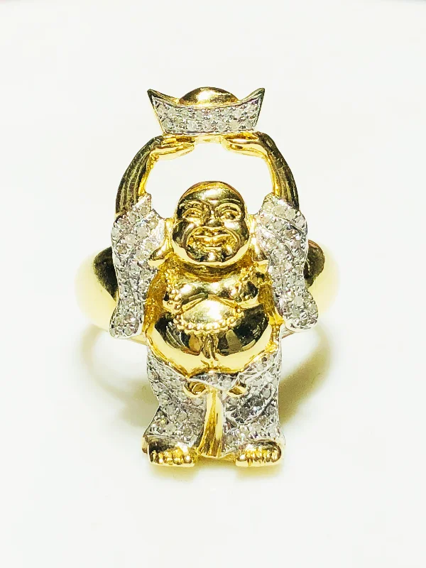 Elegant Wedding Ring Set for Brides and Grooms-Iced-Out Diamond "Buddha of Wealth" Ring (14K)