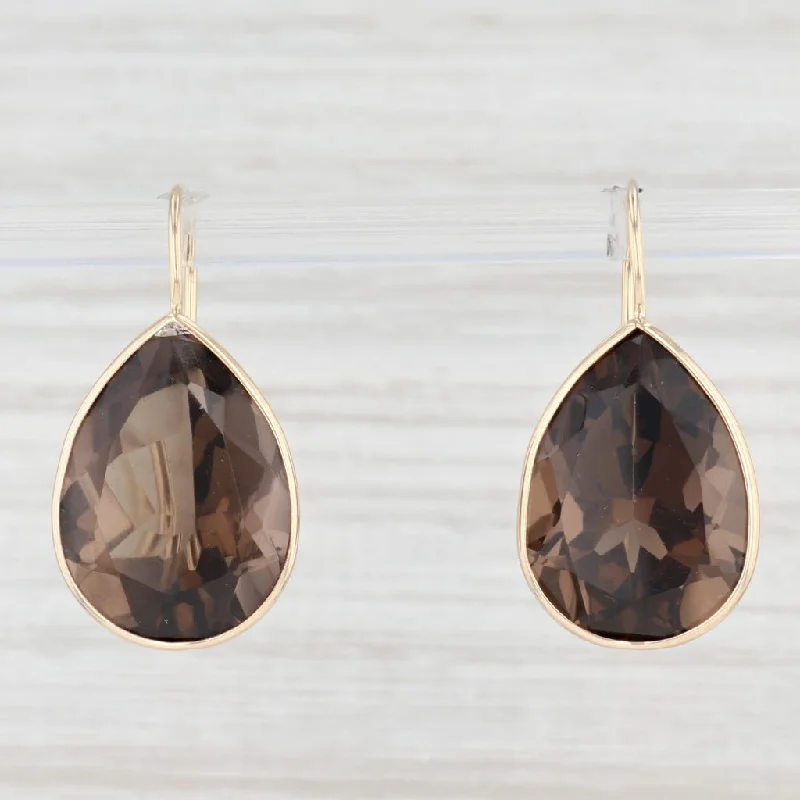 Simple Dangle Earrings for Brides-23ctw Pear Smoky Quartz Teardrop Earrings 14k Yellow Gold Hook Posts