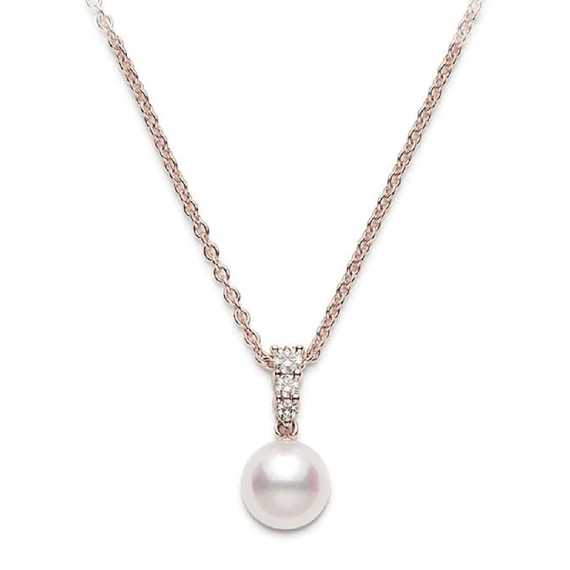 Customizable Sterling Silver Necklace for Weddings-Morning Dew 18ct Rose Gold Diamond & Akoya Pendant