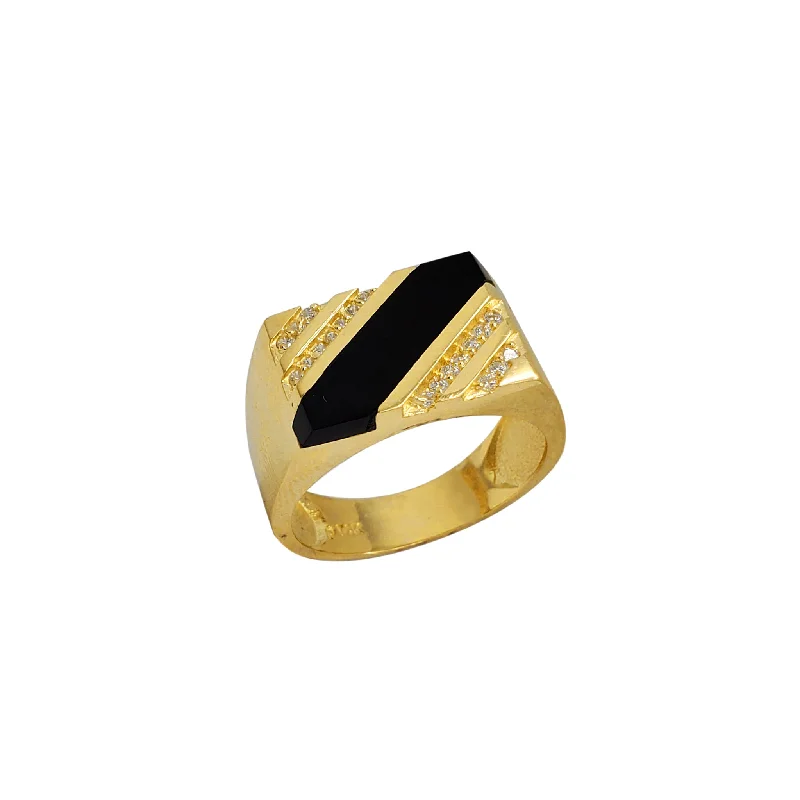 Elegant Gold Band with Diamond Accent for Weddings-Zirconia & Black Onyx Regal Rectangle Signet Ring (14K)