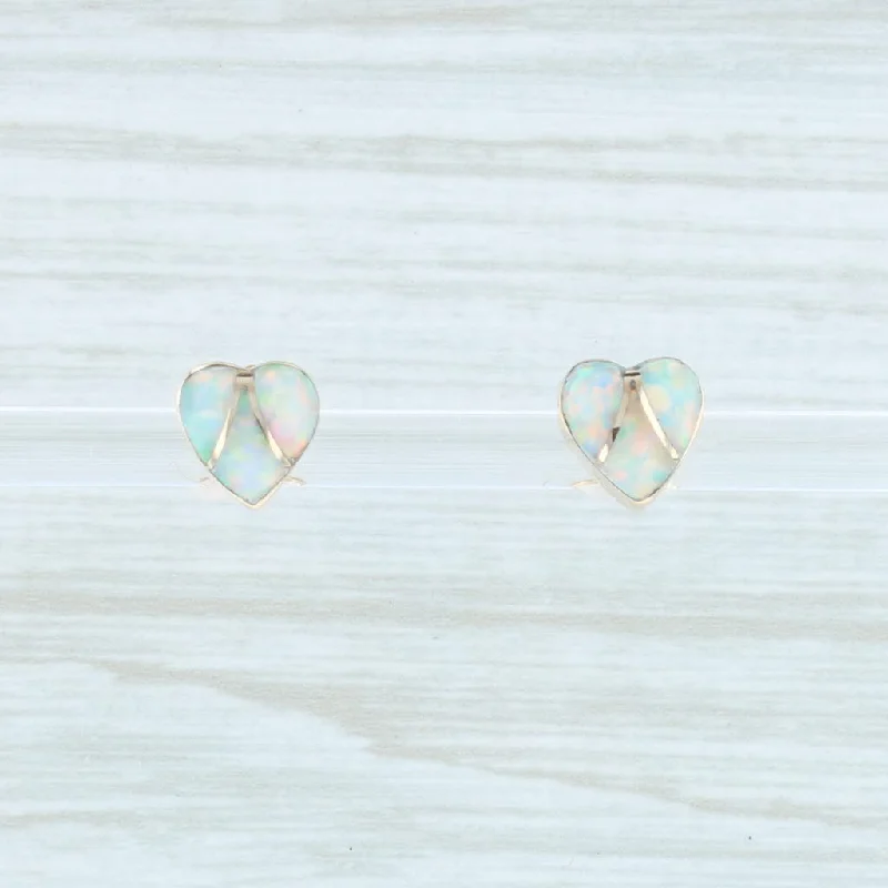 Colorful Gemstone Earrings for Spring-New Synthetic Opal Mosaic Heart Stud Earrings 14k Yellow Gold Pierced