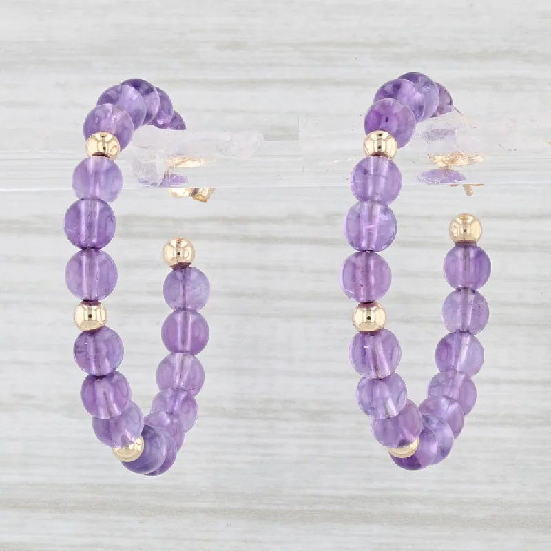 Vintage Gemstone Earrings for Women-Amethyst Bead Hoop Earrings 14k Yellow Gold Pierced Round Hoops