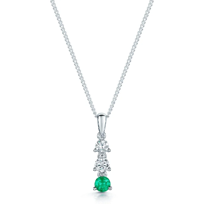 Long Gemstone Necklace for Special Occasions-18ct White Gold Round Emerald & Round Brilliant Cut Diamond Three Stone Pendant