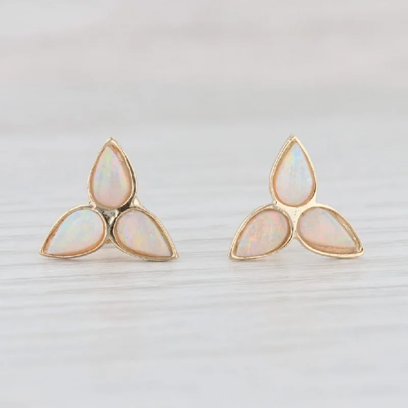 Elegant Sapphire Earrings for Women-3-Stone Opal Cabochon Stud Earrings 14k Yellow Gold