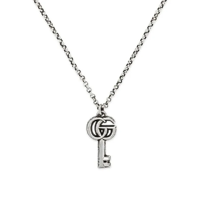 Long Pendant Necklace with Silver Chain-GG Marmont Aged Sterling Silver Key Pendant