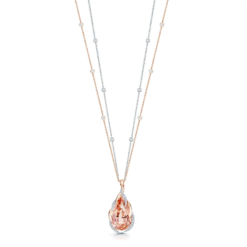 Personalized Couple Necklace with Engraving-18ct Rose & White Gold Fancy Diamond Set Pink Pear Cut Tourmaline Pendant