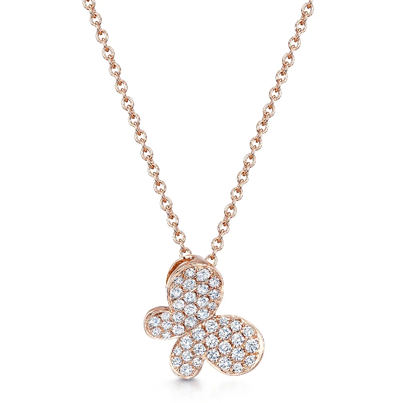 Layered Crystal Necklace for Special Occasions-18ct Rose Gold Diamond Pave Set Side Butterfly Pendant