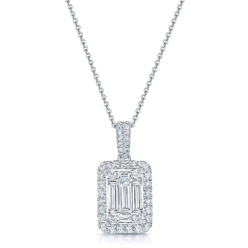 Long Pendant Necklace for Casual Style-18ct White Gold Baguette And Round Brilliant Cut Diamond Halo Pendant With A Diamond Bale