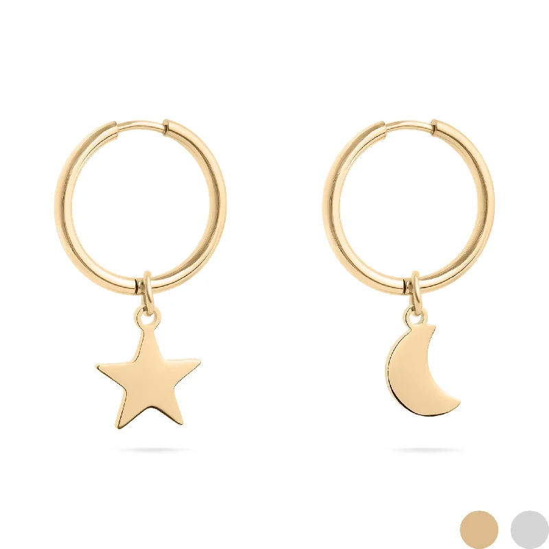 Classic Silver Stud Earrings-18K Gold PVD Stainless Steel Star & Moon Pendant Earrings / ERJ0010