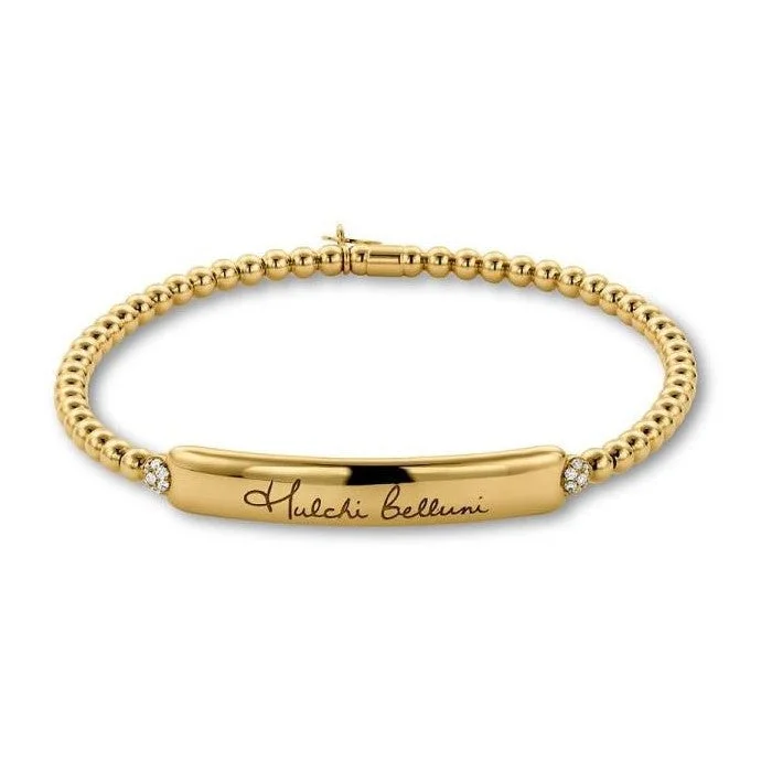 Elegant Gold Bracelet with Polished Finish-Engraveable Bar Expandable Bracelet in Yellow Gold by Hulchi Belluni