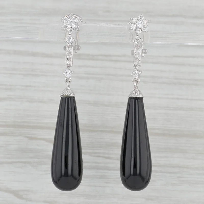 Elegant Sapphire Earrings for Special Events-Diamond Black Glass Drop Dangle Earrings 14k White Gold Pierced Omega Backs