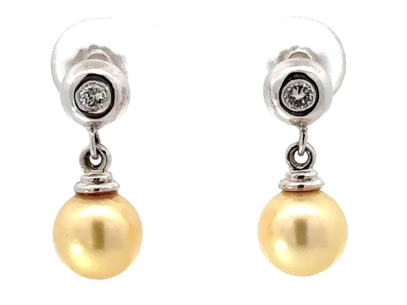 Simple Silver Earrings for Special Occasions-Diamond and Golden Pearl Drop Earrings 14K White Gold