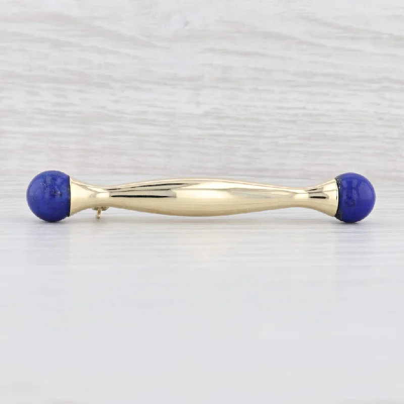 Designer Brooch With Crystal Embellishments-Blue Bead Lapis Lazuli Bar Brooch 14k Yellow Gold Statement Pin