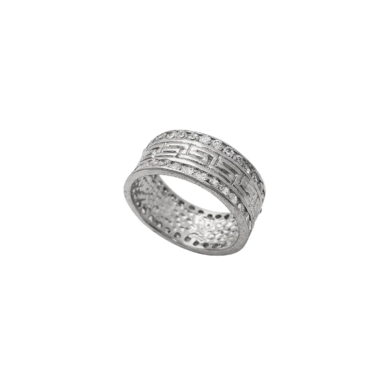 Trendy Silver Ring for Casual Everyday Wear-Zirconia Greek-Key Band Ring (Silver)