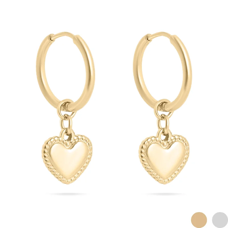 Gemstone Drop Earrings for Brides-18K Gold PVD Stainless Steel Heart Pendant Hoop Earrings / ERJ0042