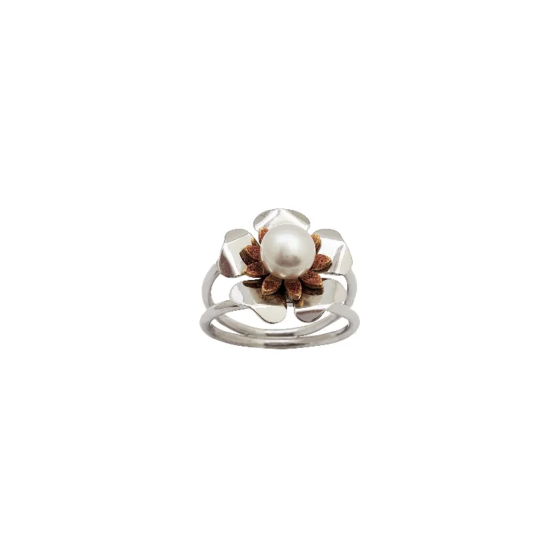 Classic Silver Wedding Band for Bridesmaids-Pearl Flower Ring (14K)