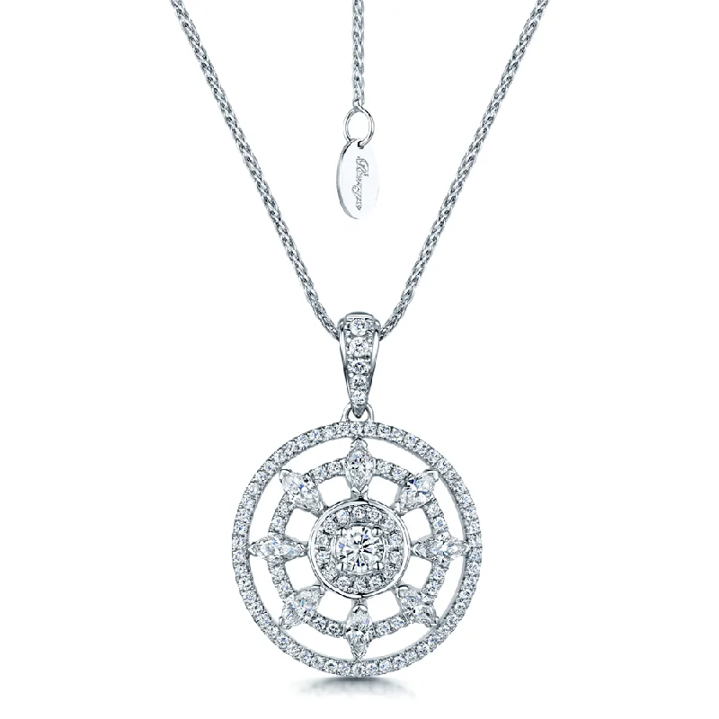 Elegant Long Gold Necklace for Weddings-18ct White Gold Diamond Set Circle Openwork Pendant