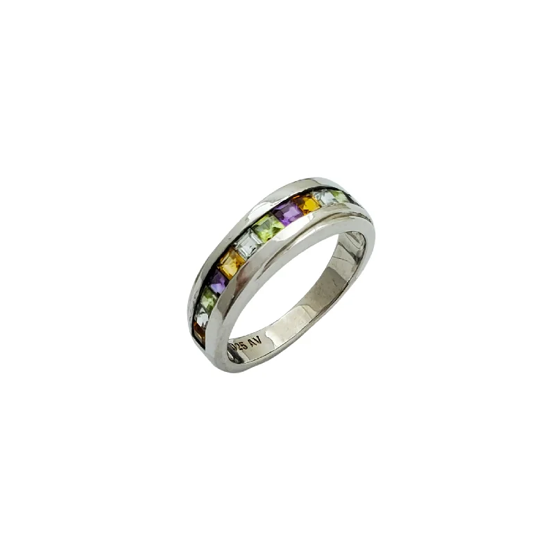 Classic Silver Ring with Black Onyx Stone-Zirconia Multicolor Band Ring (Silver)