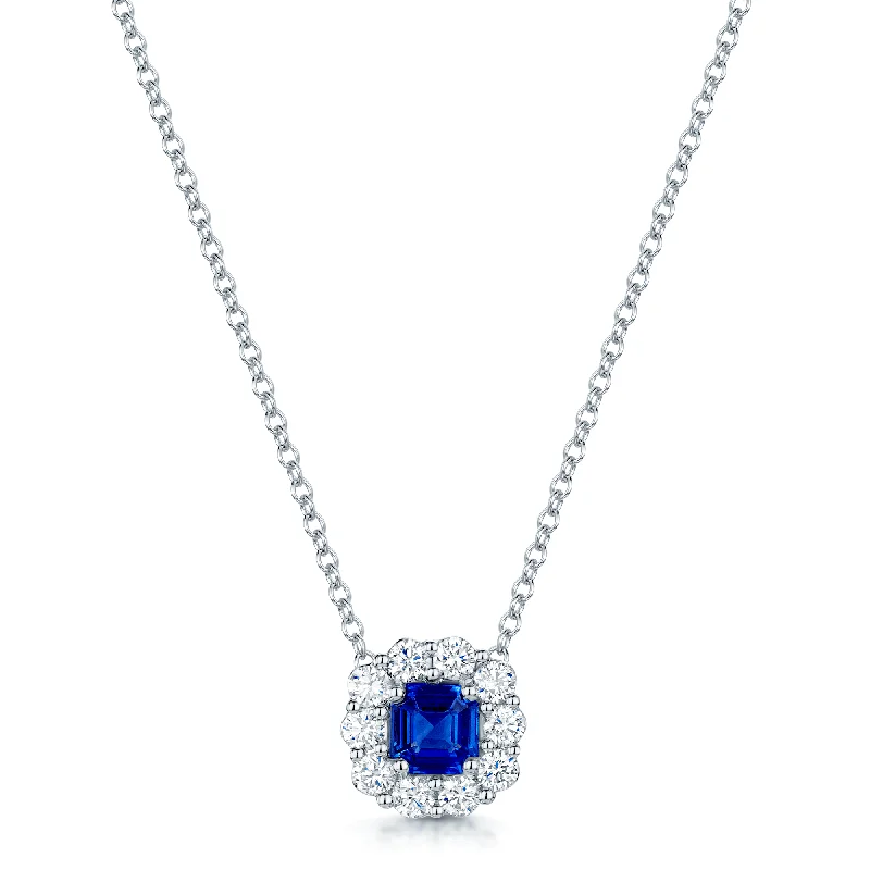 Personalized Necklace with Love Charm-18ct White Gold Emerald Cut Sapphire And Diamond Cluster Pendant