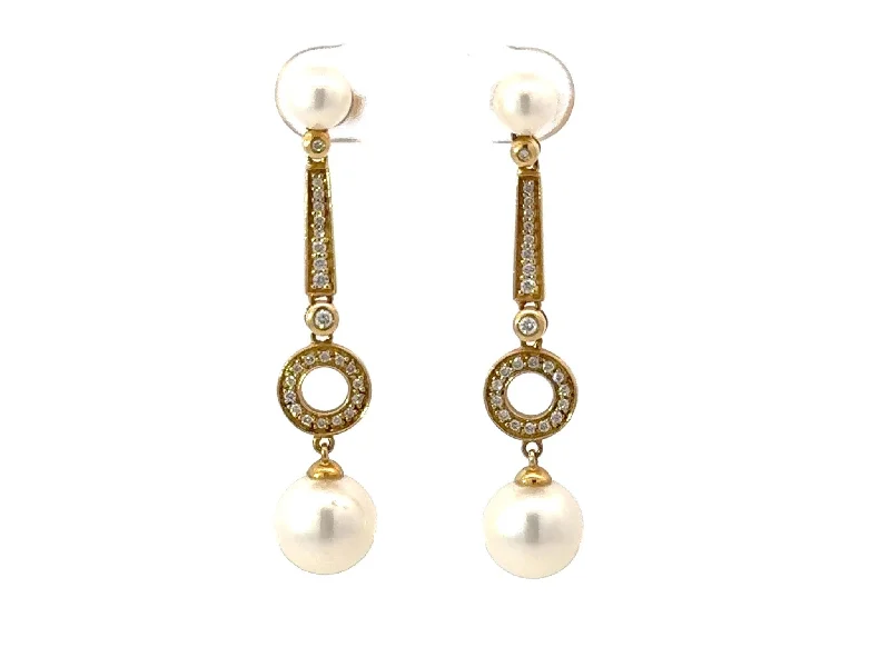 Statement Earrings for Bridesmaids-Dangly Pearl and Diamond Drop Earrings 18K Yellow Gold