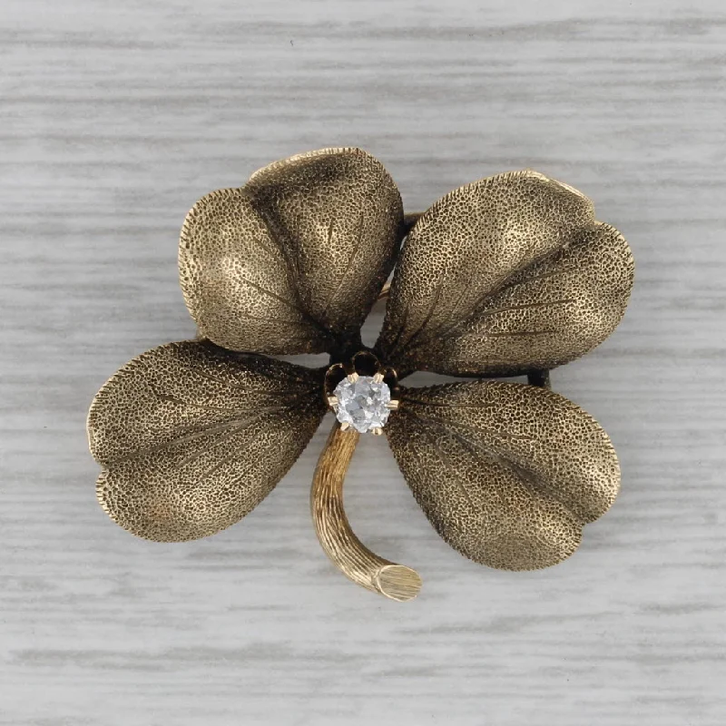 Modern Silver Brooch For Dresses-Vintage 0.11ct Diamond Solitaire Shamrock Brooch 14k Gold Four Leaf Clover