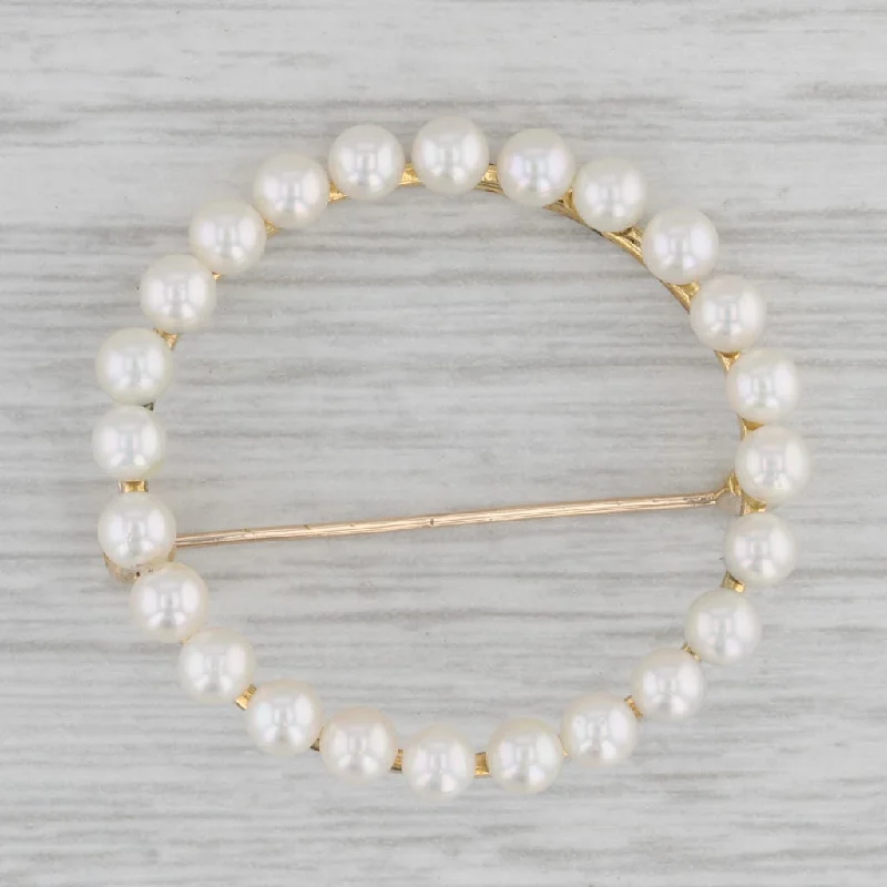 Embellished Brooch For Blazers-Vintage Cultured Pearl Eternity Circle Brooch 14k Yellow Gold Pin