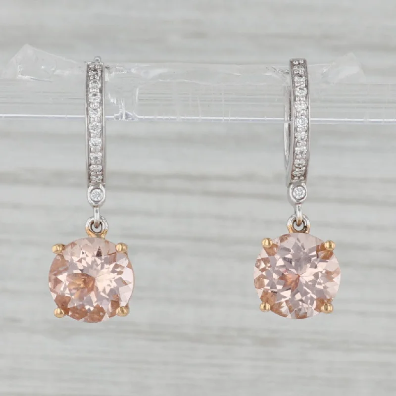 Vintage Gold Stud Earrings-New 3.60ctw Morganite Drop Diamond Hoop Earrings 18k White Yellow Gold Snap Top