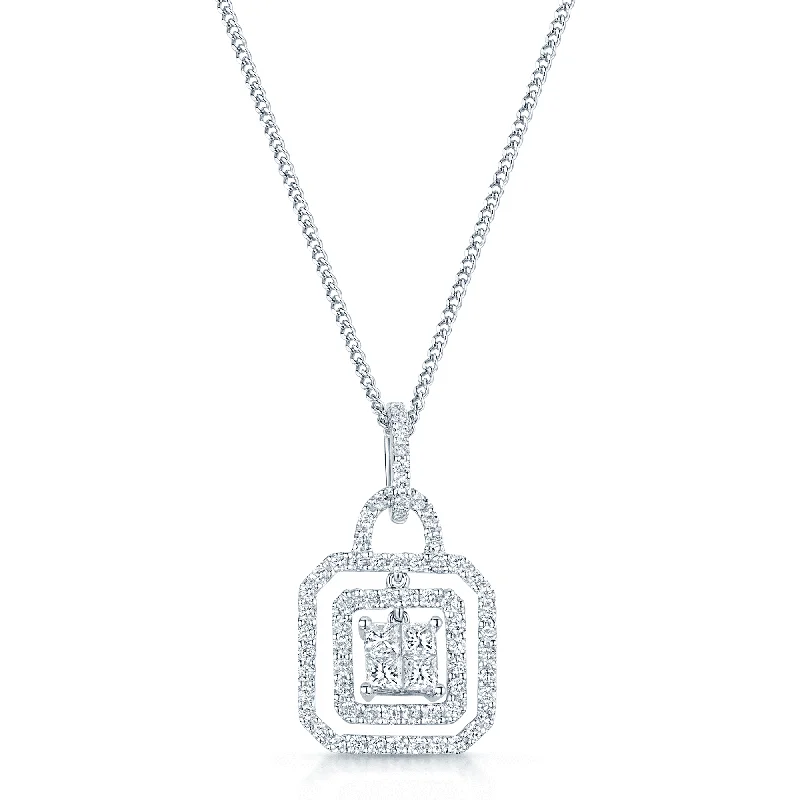 Bohemian Feather Necklace with Crystals-18ct White Gold Diamond Double Halo with Princess Cut Diamond Centre Pendant