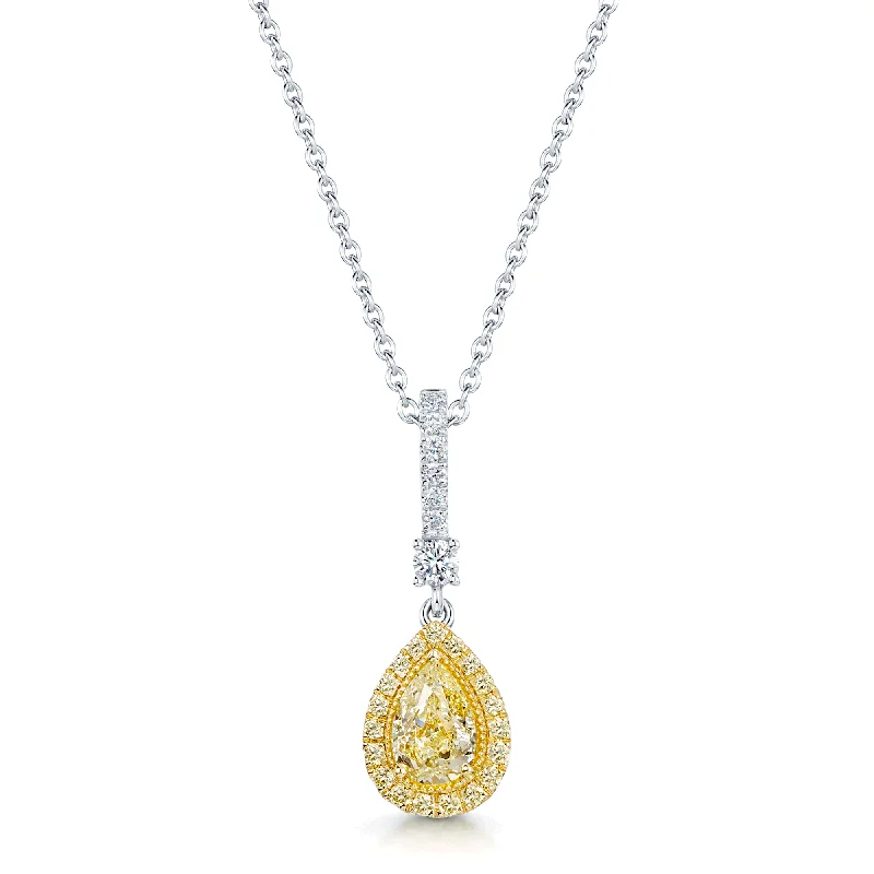 Personalized Silver Necklace with Quote-18ct White and Yellow Gold Pear Cut Yellow Diamond Halo Pendant